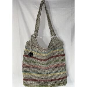 The SAK Classic Slouchy Crochet Knit Shoulder Handbag Purse Striped Bag Beachy